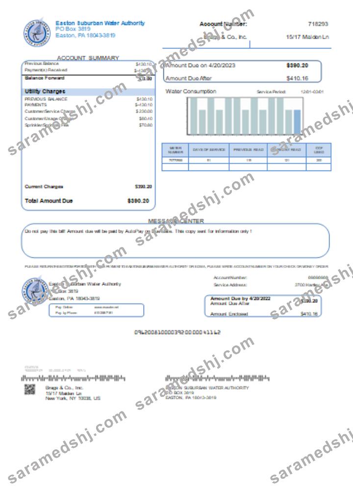 Easton Suburban Water Authority utility business bill, SCR